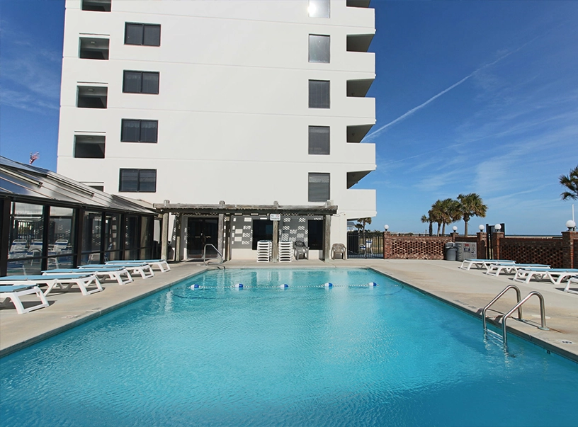 An outdoor pool, one of many amenities offered at Atlantic Towers